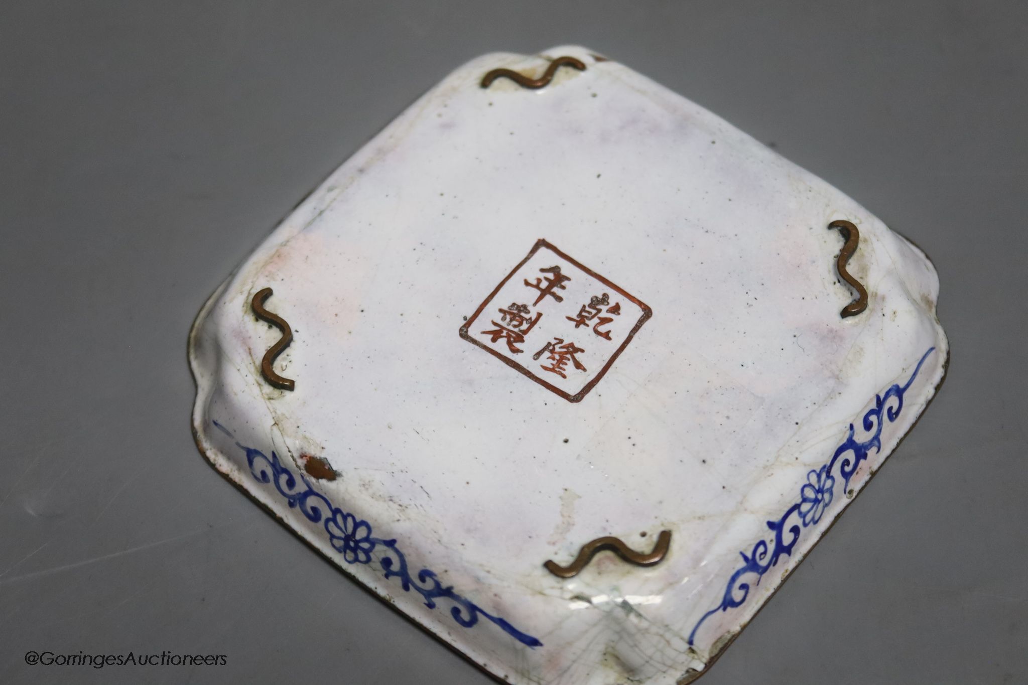 Three Chinese Canton enamel wares, square dish with seal mark Qing period